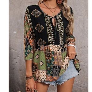 Vibrant Patchwork Boho Blouse - Black, Green, Orange